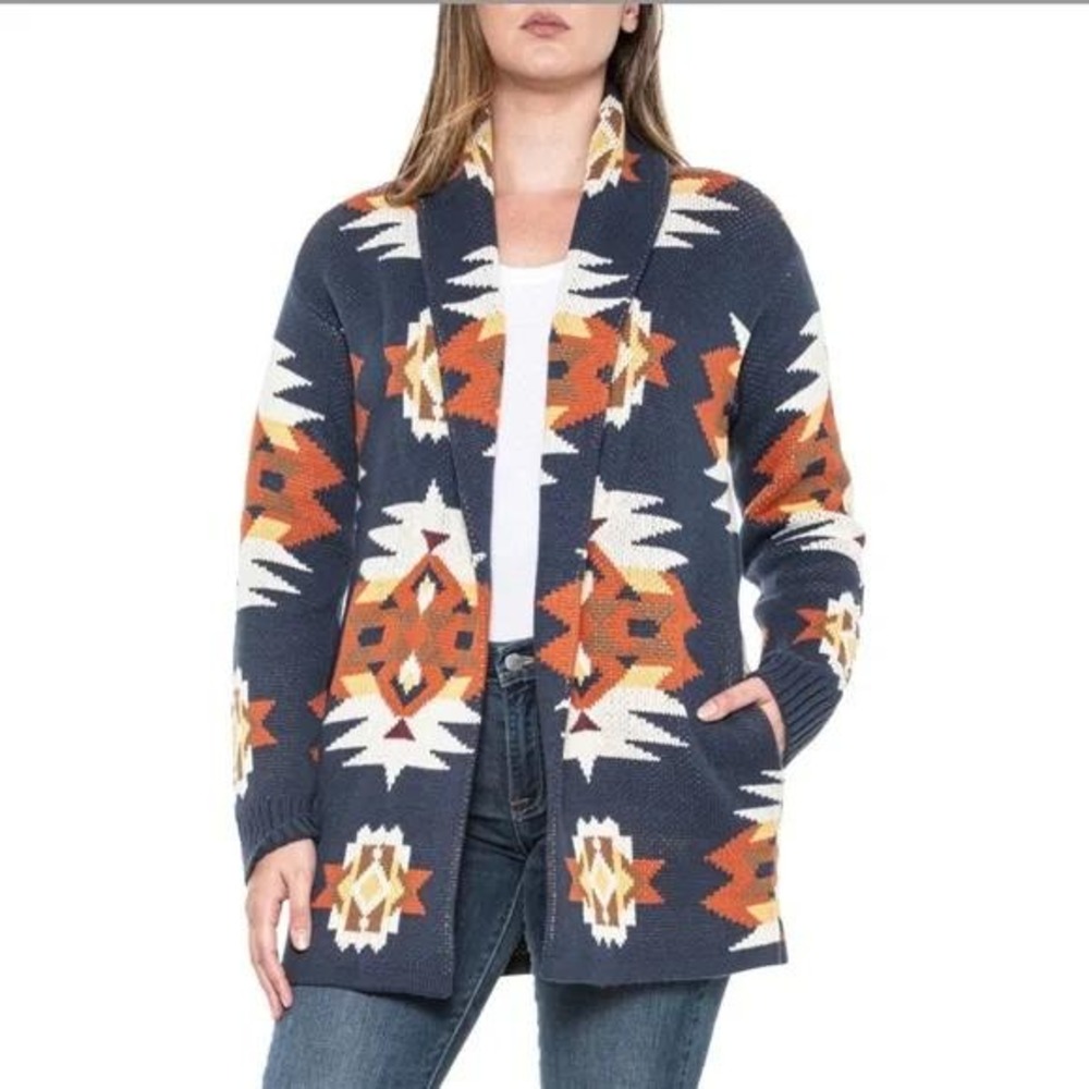 NWT Lucky Brand Southwestern Aztec Cardigan Sweater Navy‎ Coatigan Medium NEW